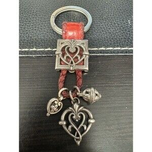 Vintage Brighton Red Leather Key Chain Silver Tone Charms